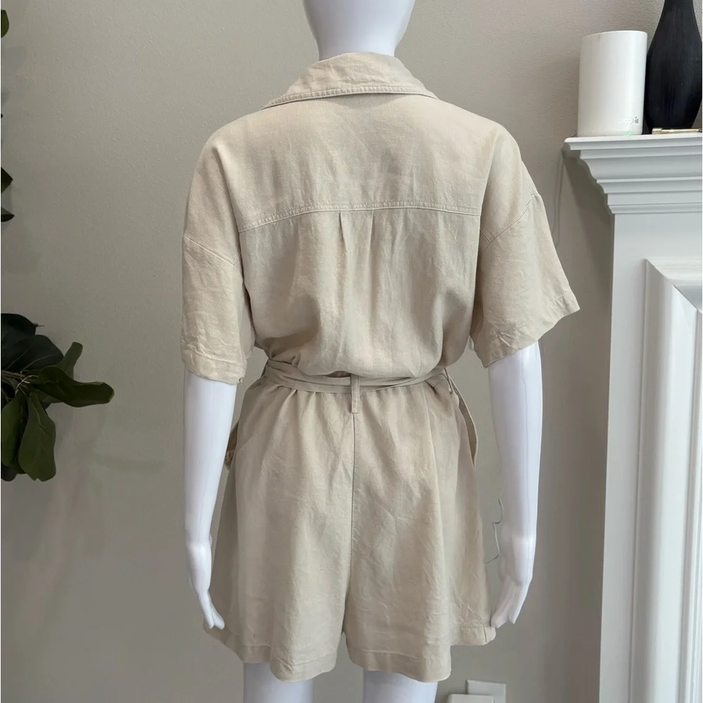 Zara Linen Blend Button Down Shirt Romper Size Large Cargo Pocket Utility Belted